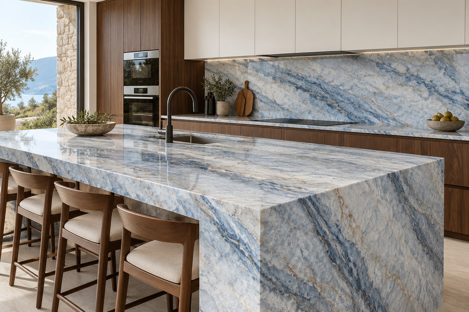 Immagine illustrativa: Cucina moderna con isola e alzata in quarzite Azul Macaubas dalle venature azzurre