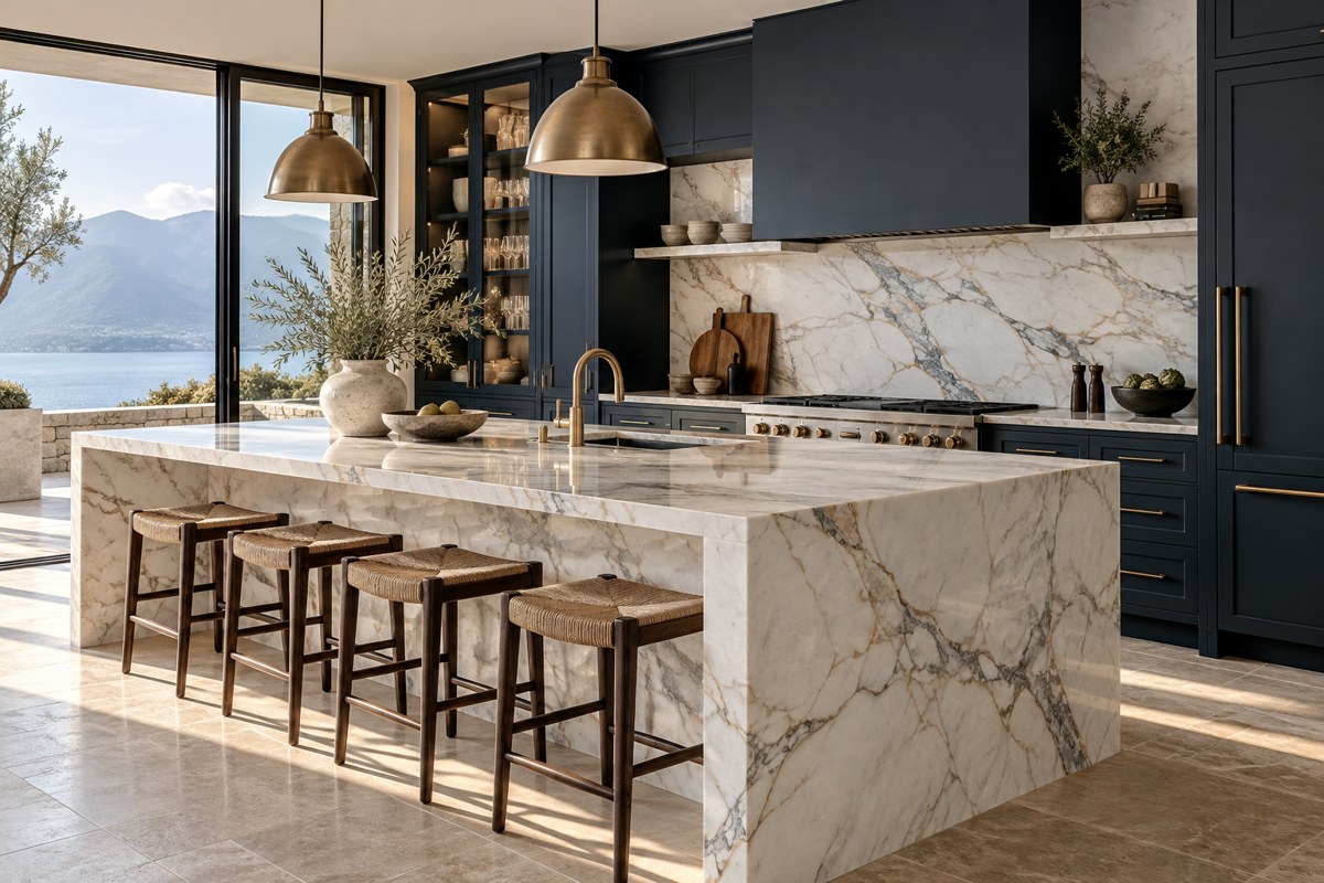Esempio illustrativo di cucina con isola in marmo bianco venato e mobili blu