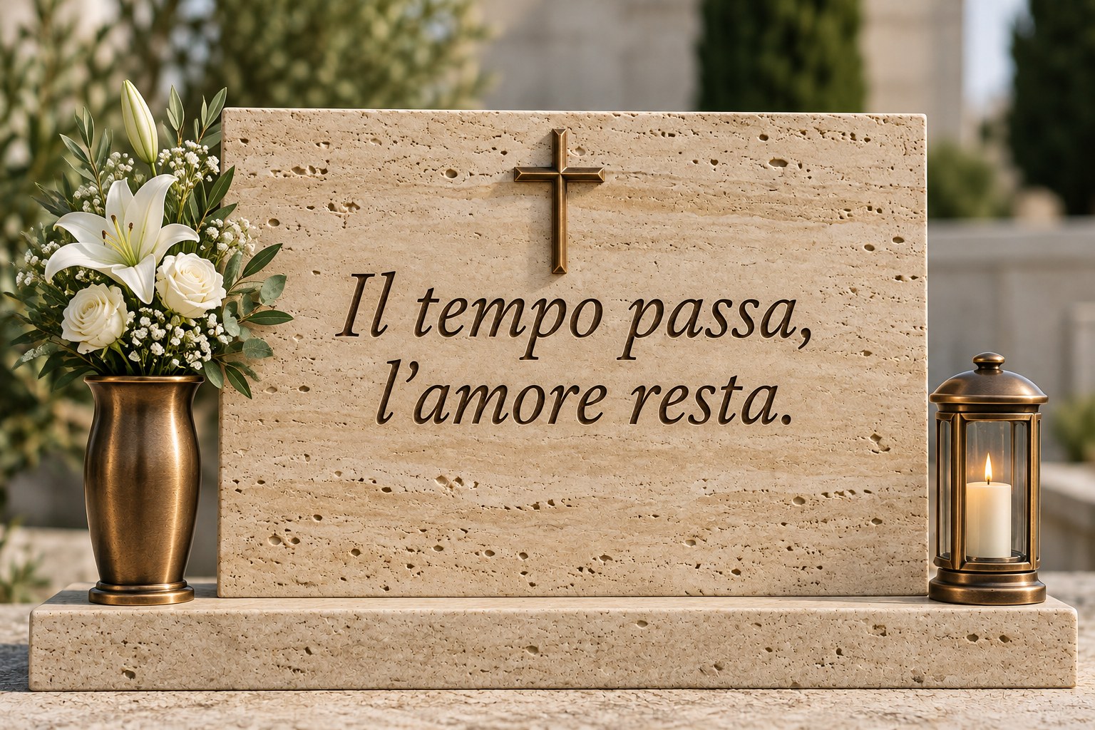 Esempio illustrativo: Travertino classico · Corsivo inciso. Il tempo passa, l’amore resta. Con vaso, lumino e croce in bronzo.