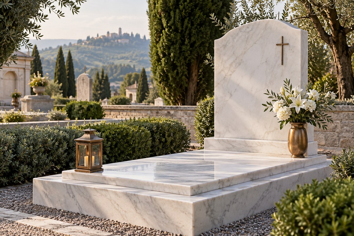 Esempio illustrativo di monumento funerario in marmo bianco con accessori in bronzo