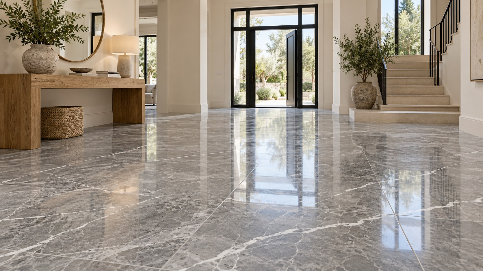 Immagine illustrativa: Ingresso moderno con pavimento in marmo grigio venato bianco