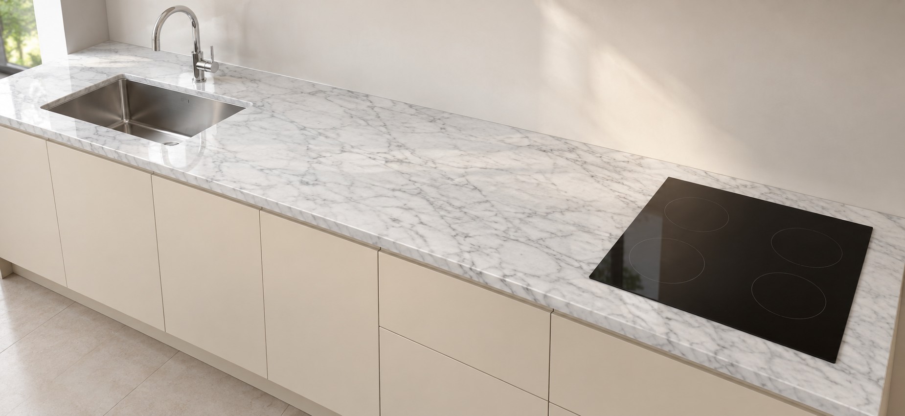 Esempio illustrativo di piano cucina in Bianco Carrara · Piano lineare
