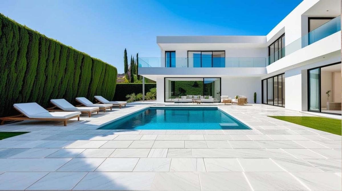 Marmo · Piscina contemporanea: esempio di bordo e pavimentazione intorno alla piscina