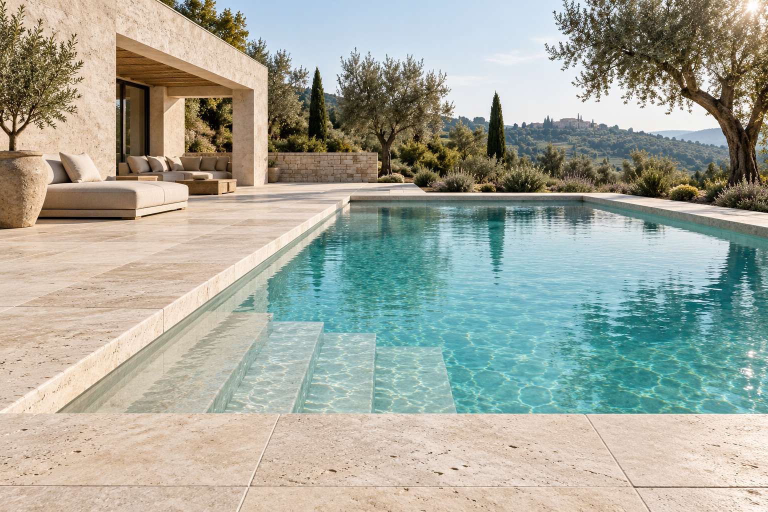 Immagine illustrativa di piscina moderna con bordo e pavimentazione in travertino chiaro