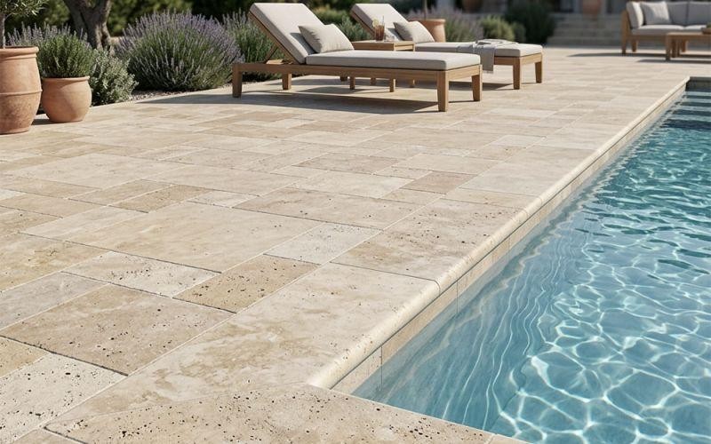 Travertino · Bordo e pavimentazione: esempio di bordo e pavimentazione intorno alla piscina