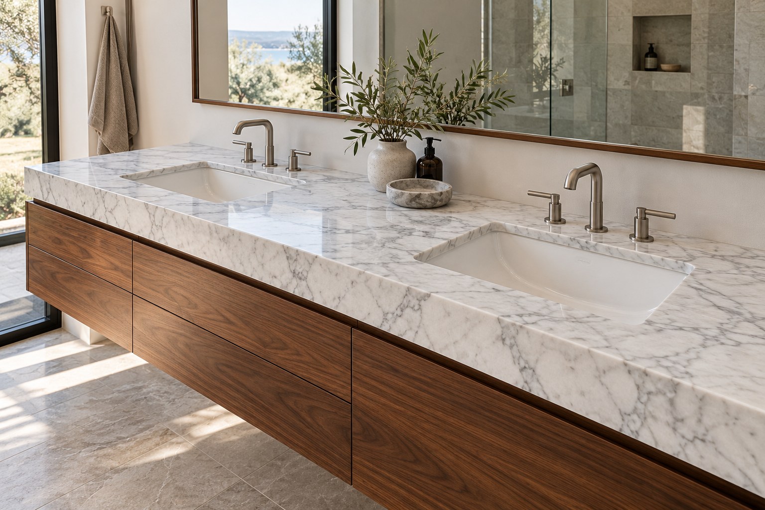 Immagine illustrativa: Top bagno in marmo Bianco Carrara con due lavelli rettangolari sottopiano