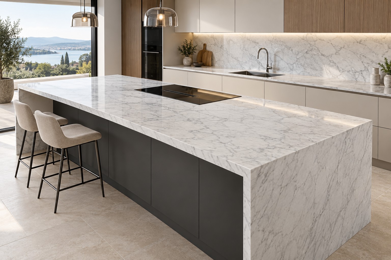 Esempio illustrativo di cucina moderna con top in Marmo Bianco Carrara
