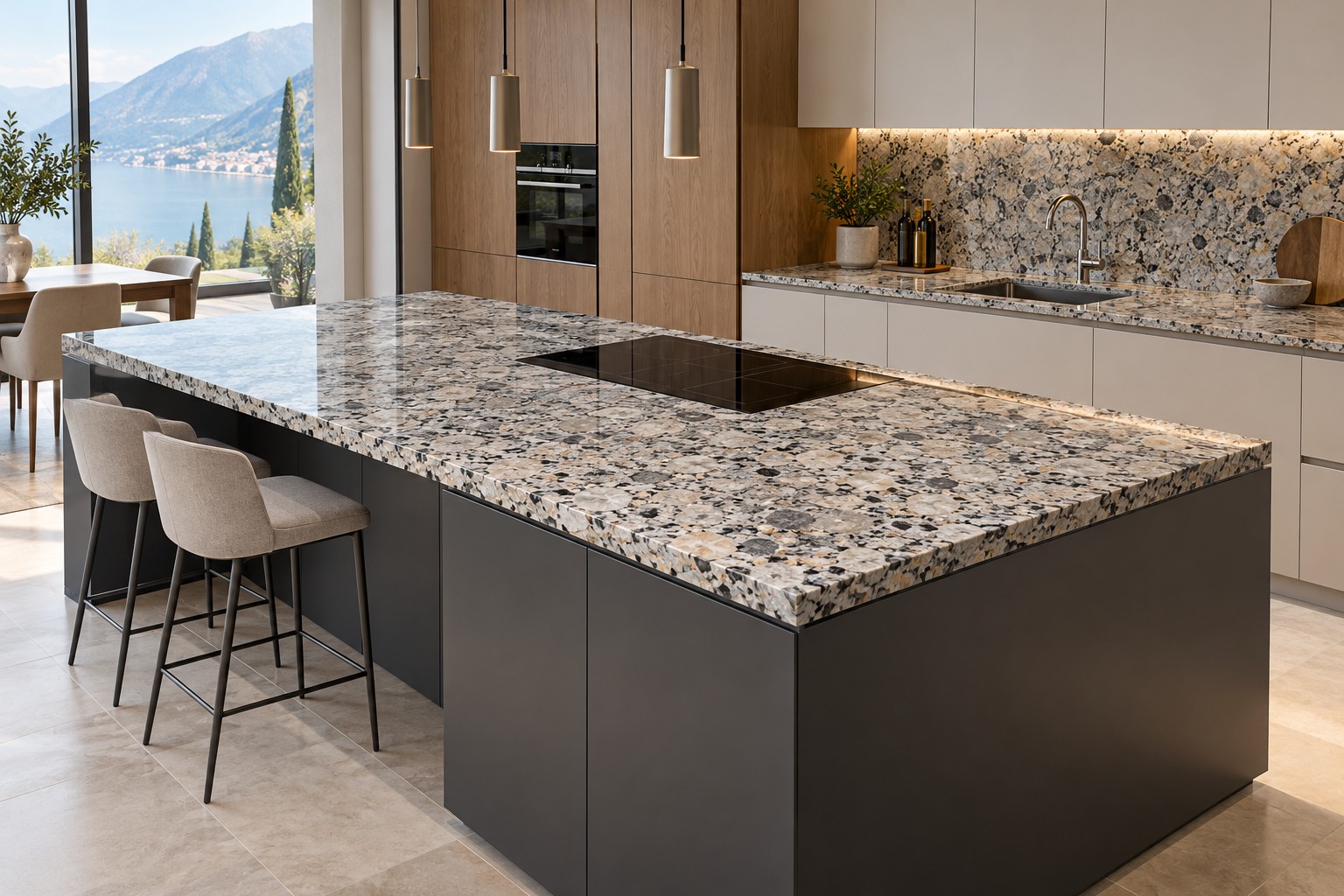 Esempio illustrativo di cucina moderna con top in Granito Ghiandone