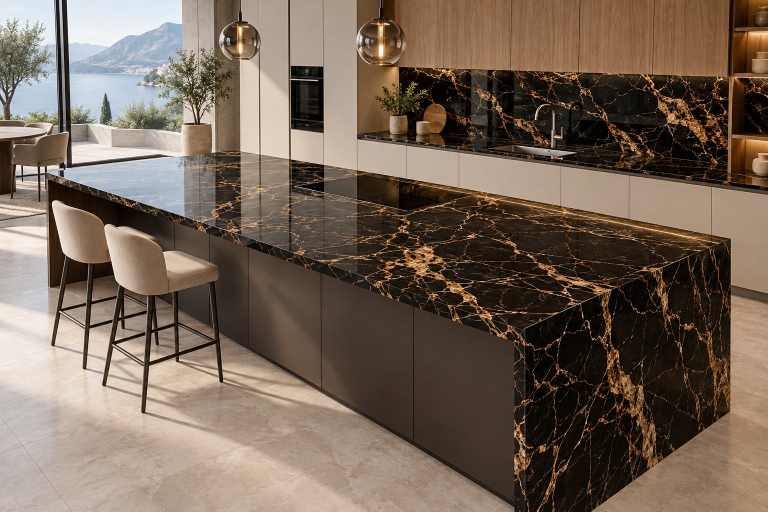 Esempio illustrativo di cucina moderna con top in Marmo Nero Portoro
