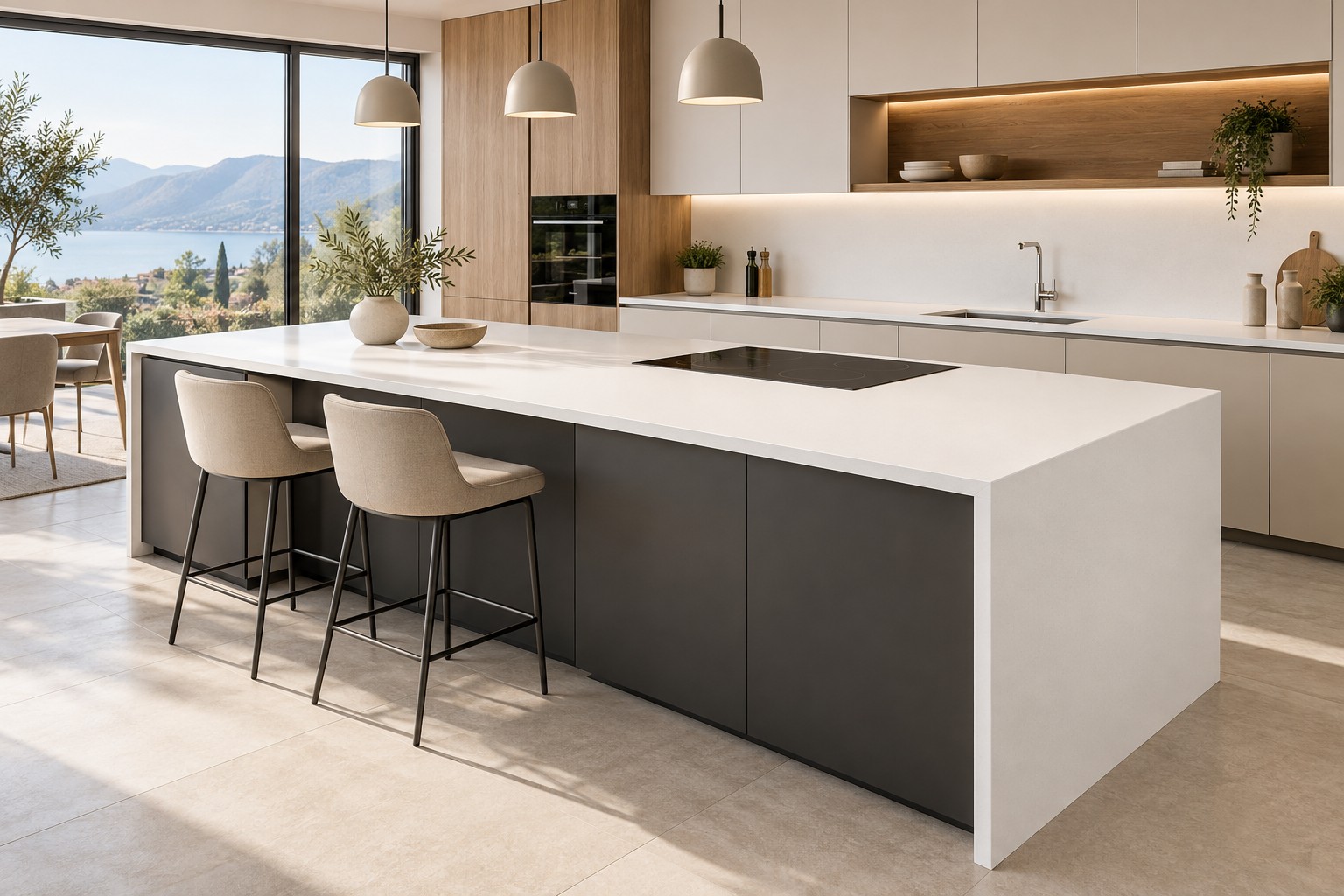 Esempio illustrativo di cucina moderna con top in Quarzo bianco