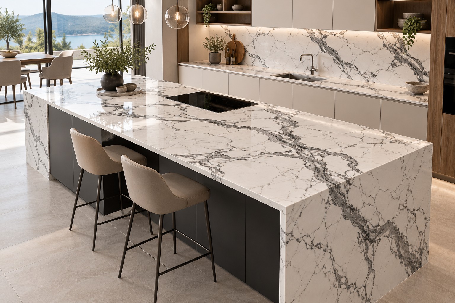Esempio illustrativo di cucina moderna con top in Materiale sintetico effetto marmo