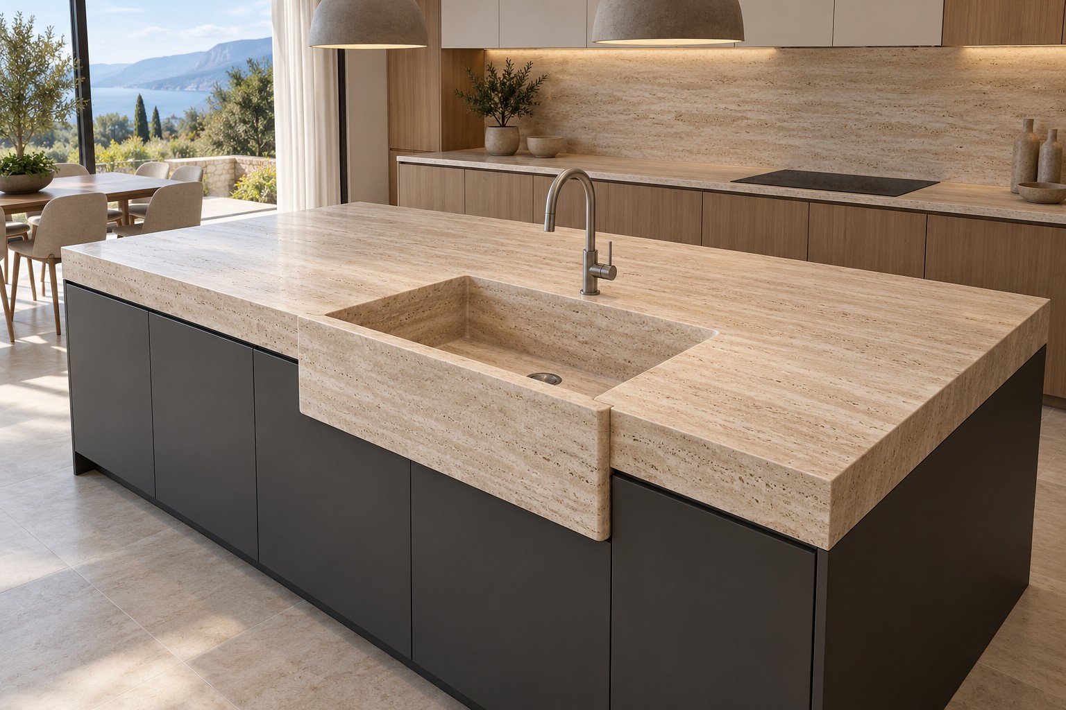 Esempio illustrativo di cucina moderna con top in Travertino classico con lavello a massello